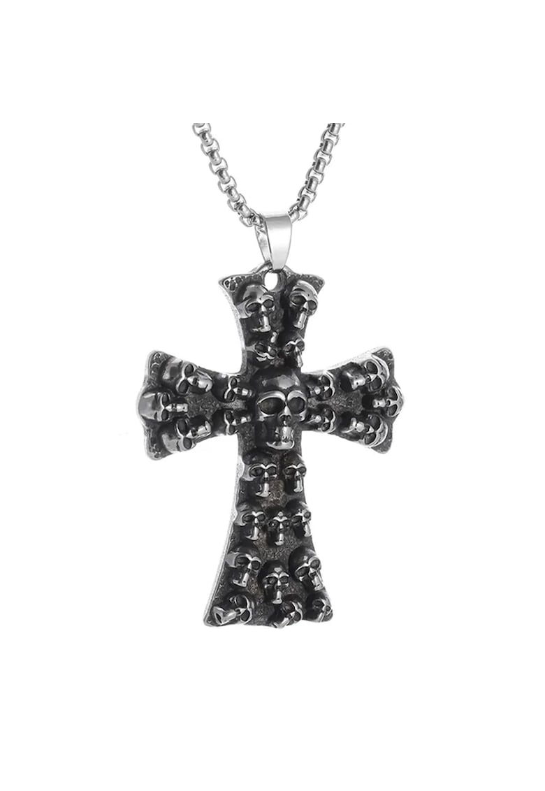 Lant retro gotic cu pandantiv cruce formata din capete de schelet - model exorcism - tematica religioasa - unisex - EFAYN