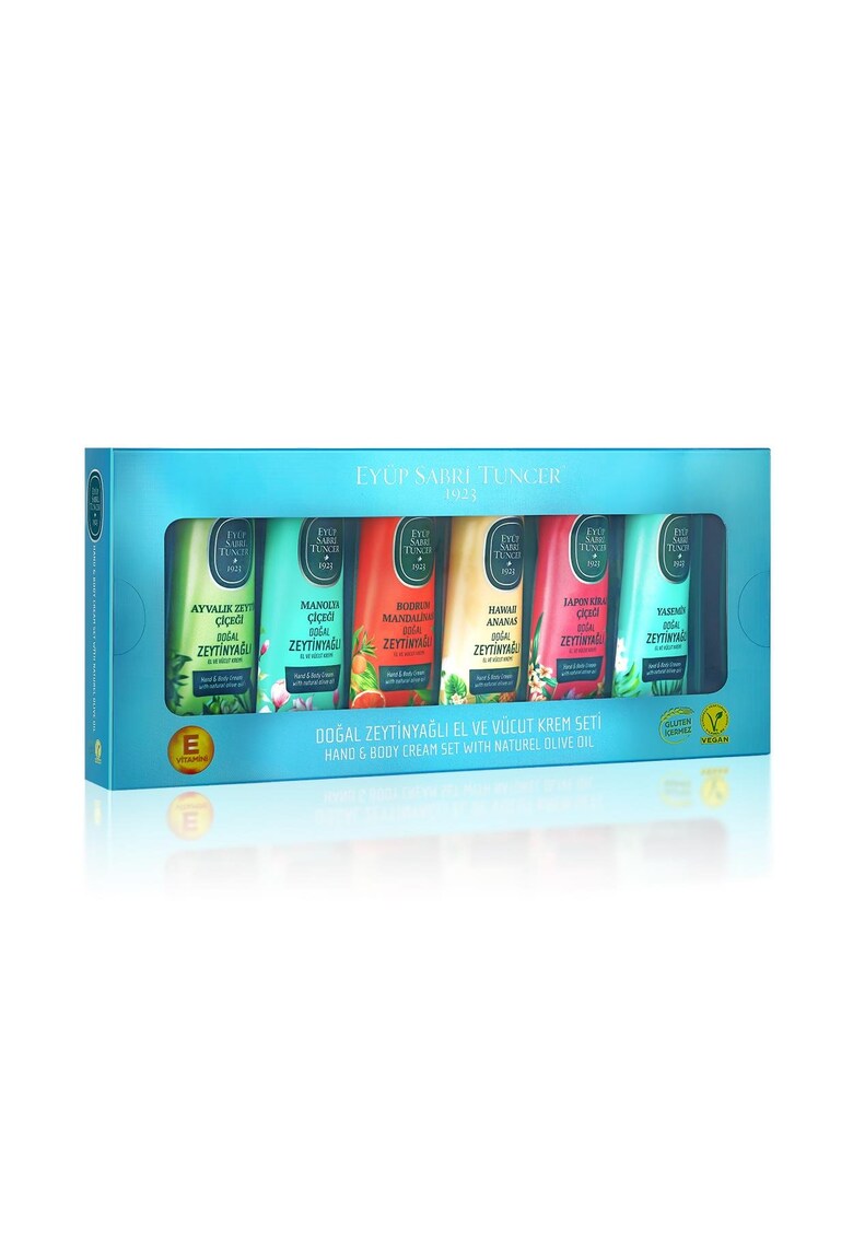 Crema de maini si de corp cu ulei natural de Masline - Eyup Sabri Tuncer - 50 ML - Set cutie 6 buc. (Ayvalik - Hawai Pineapple - Japanese Chery - Jasmine - Magnolia - Bodrum mandarin)