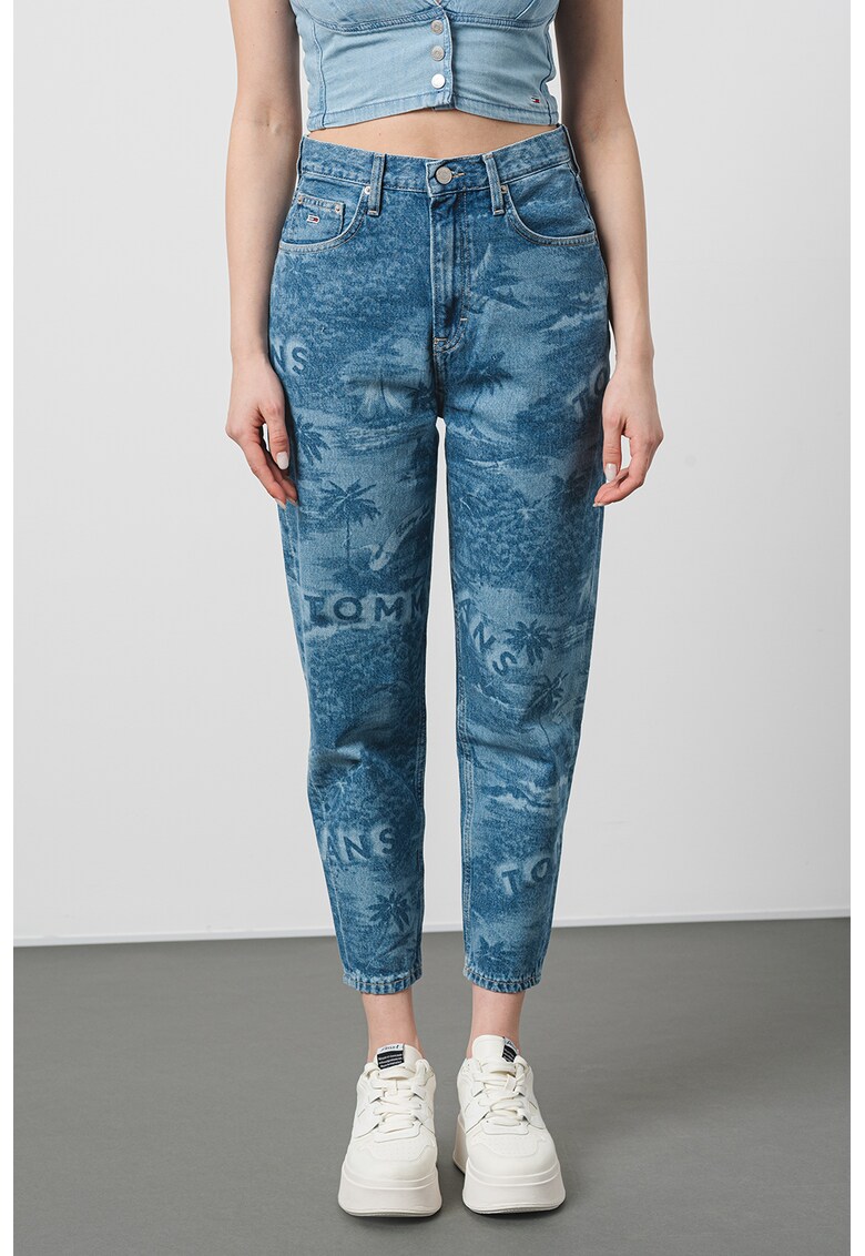Blugi crop mom-fit cu imprimeu grafic