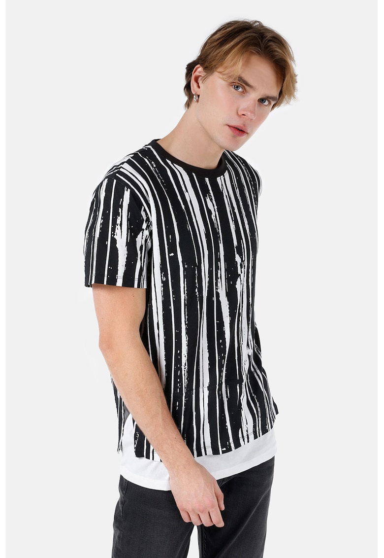 Tricou din bumbac cu model in dungi - Alb/Negru