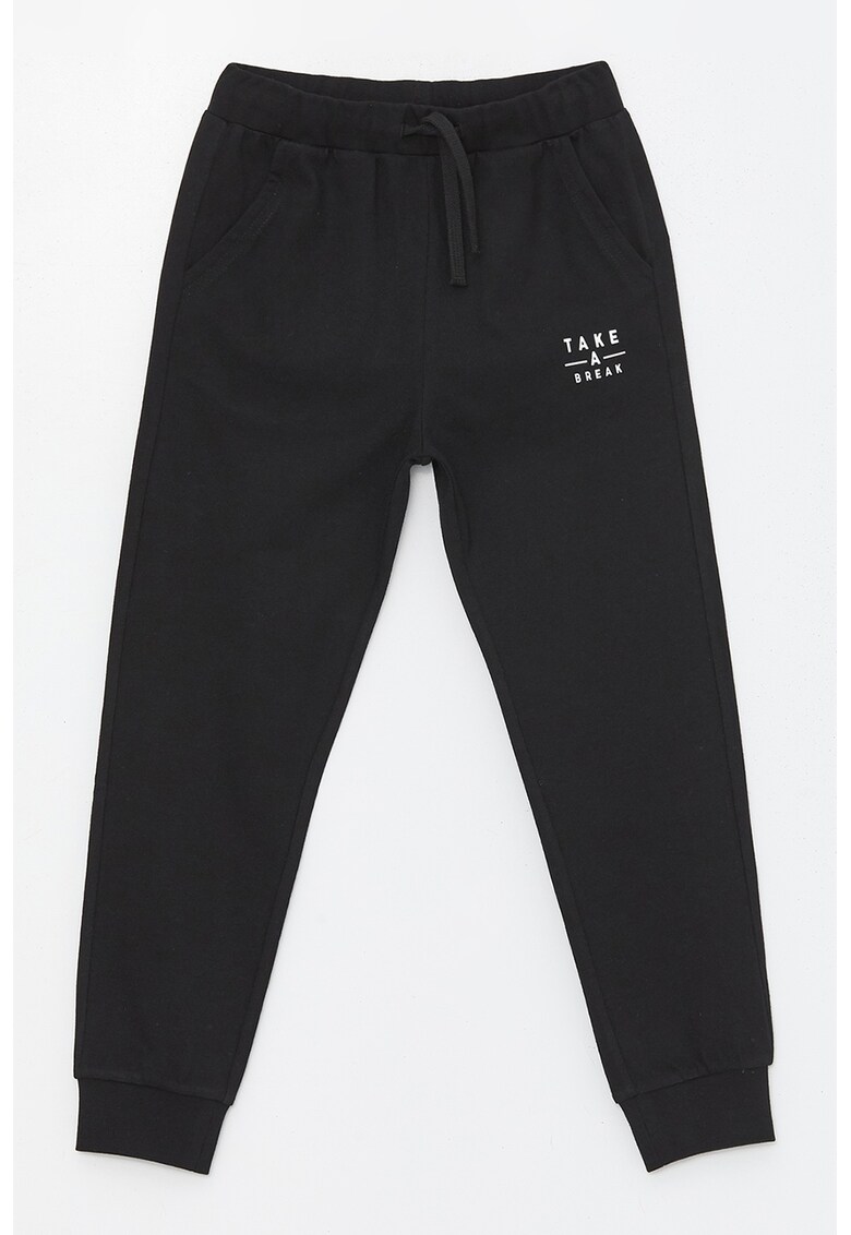 Pantaloni de trening de bumbac cu talie inalta si imprimeu text