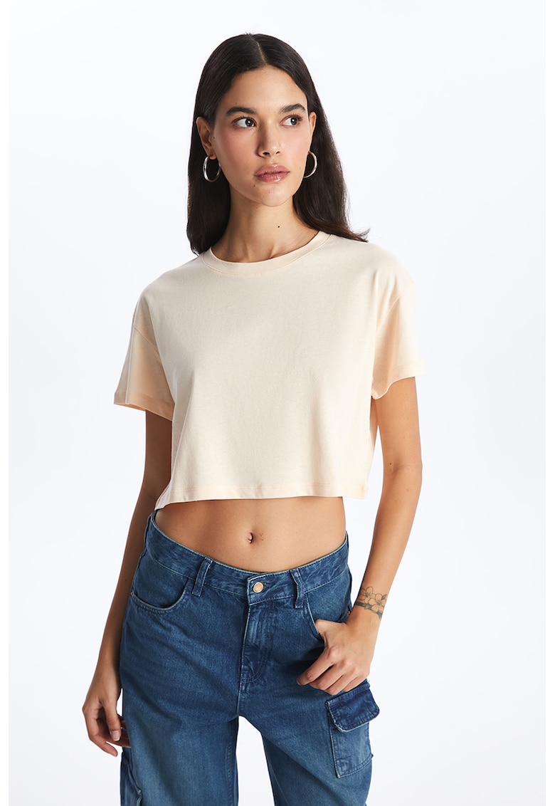 Tricou crop cu decolteu la baza gatului - Piersica