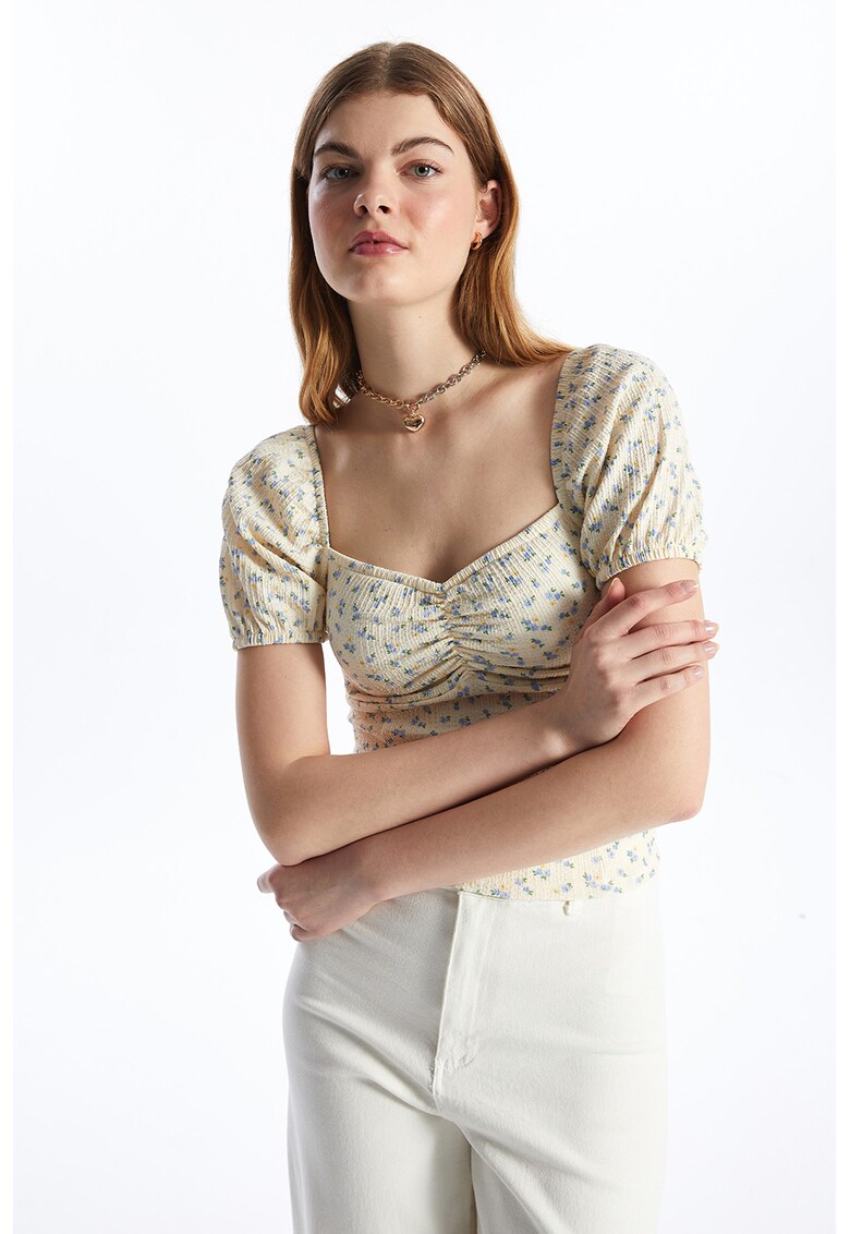 Bluza crop cu maneci scurte si aspect texturat