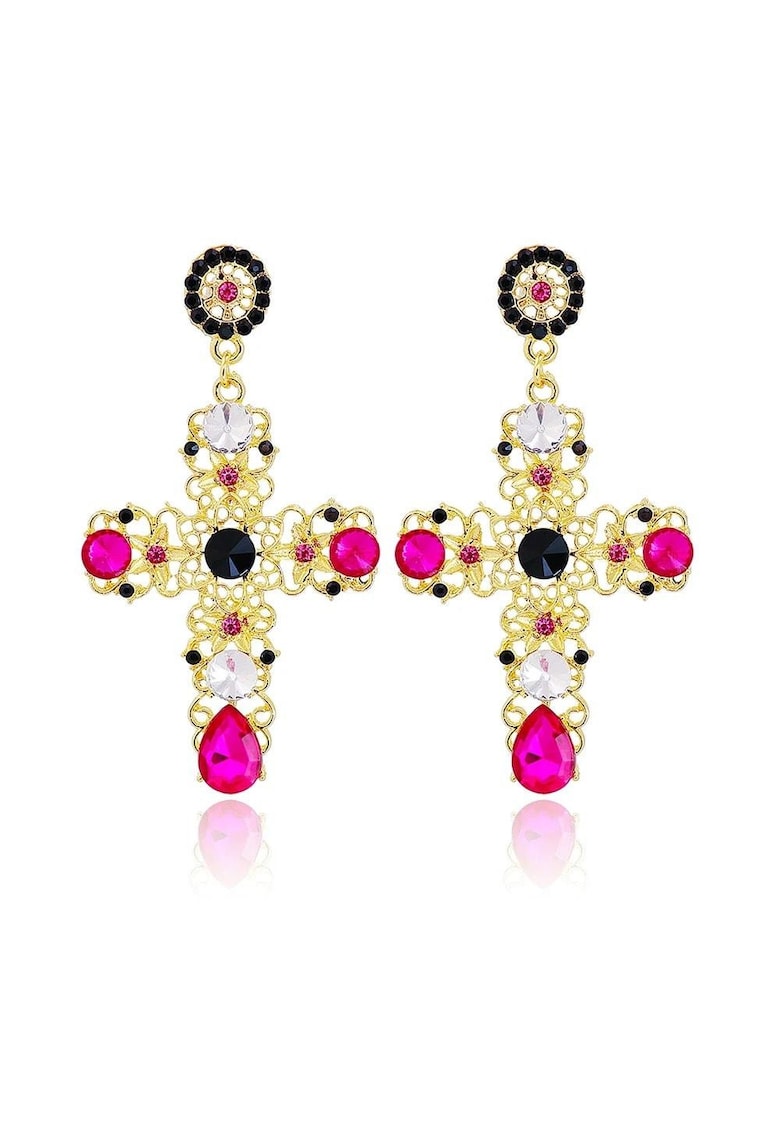 Cercei aurii - forma de cruce - cu pietre roz - Pippa C4