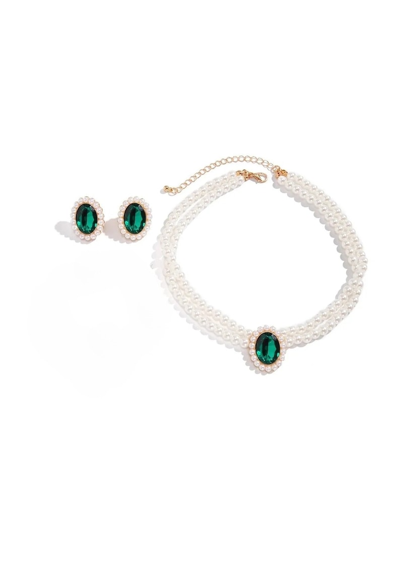 Set colier si cercei - auriu - cu perle si pietre verzi - Otta C4 Set colier si cercei - auriu - cu perle si pietre verzi - Otta C4