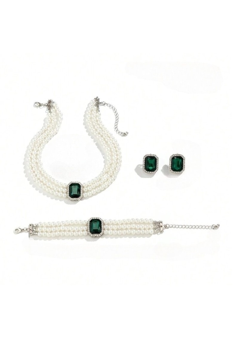 Set colier - bratara si cercei - argintiu - cu perle si pietre verzi - Olympia C5
