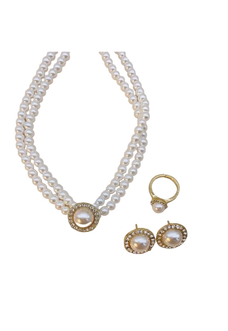 Set colier - cercei si inel reglabil - auriu - cu perle si pietre - Otis C4