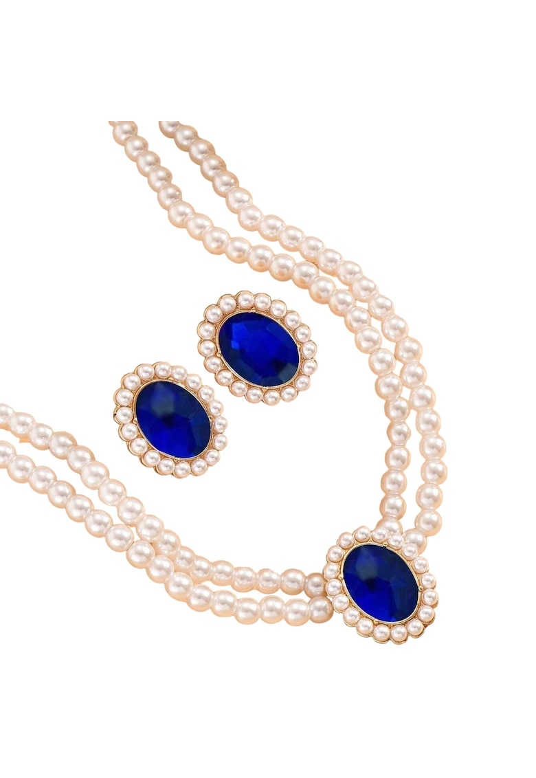 Set colier choker si cercei - auriu - cu perle si pietre albastre - Osar C5