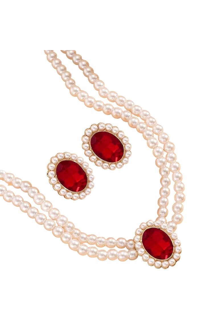 Set colier choker si cercei - auriu - cu perle si pietre rosii - Osa C5
