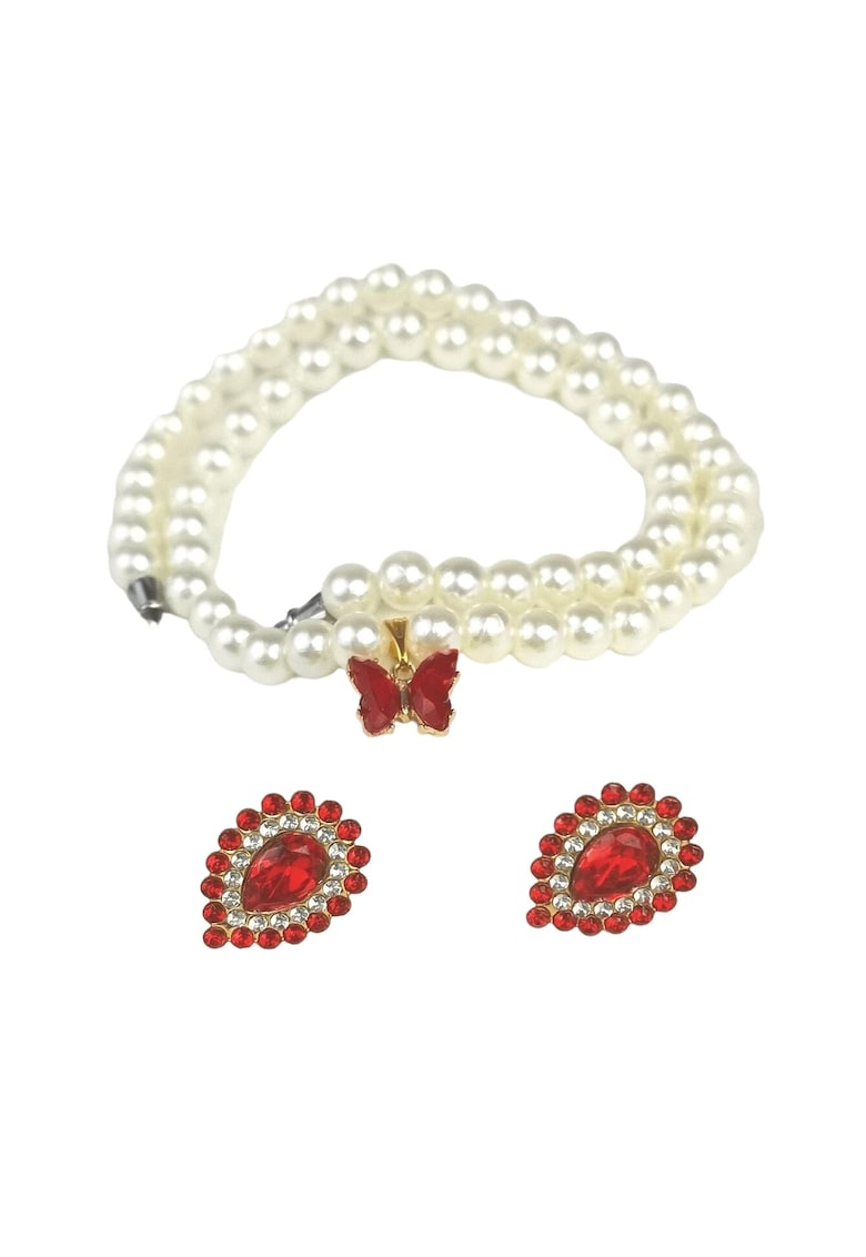 Set colier si cercei - auriu - cu fluture - pietre rosii si perle - Omaya C3