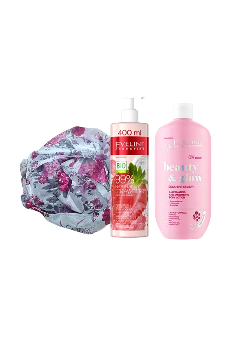 Set Balsam hidratant pentru corp - Sunshine Ready! -  350 ml + Crema hidratanta cu iaurt de corp 99% Natural Strawberry Smoothing - 400 ml + Esarfa matase