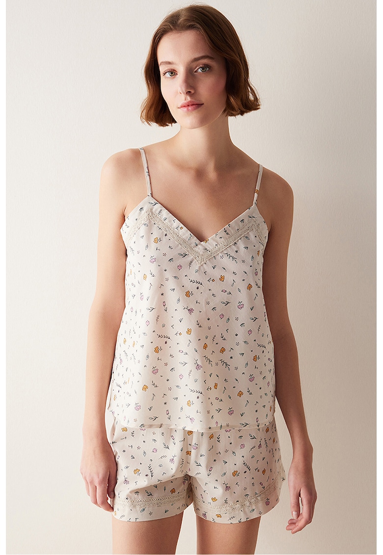 Pijama cu imprimeu floral si garnituri crosetate din dantela