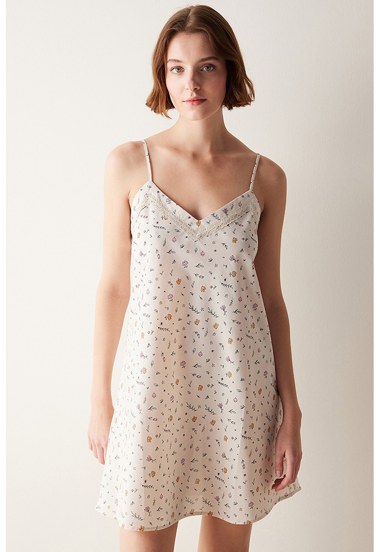 Camasa de noapte din bumbac cu model floral si bretele inguste