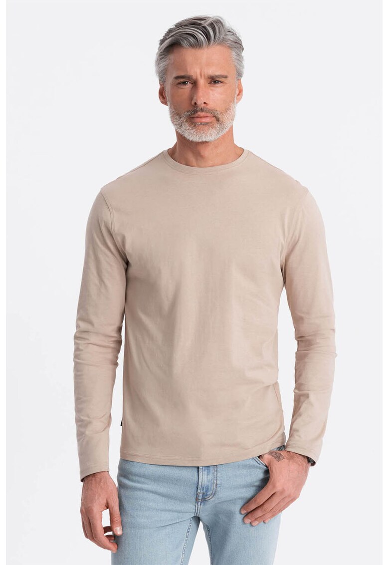 Bluza din bumbac cu decolteu la baza gatului - Maro nisip