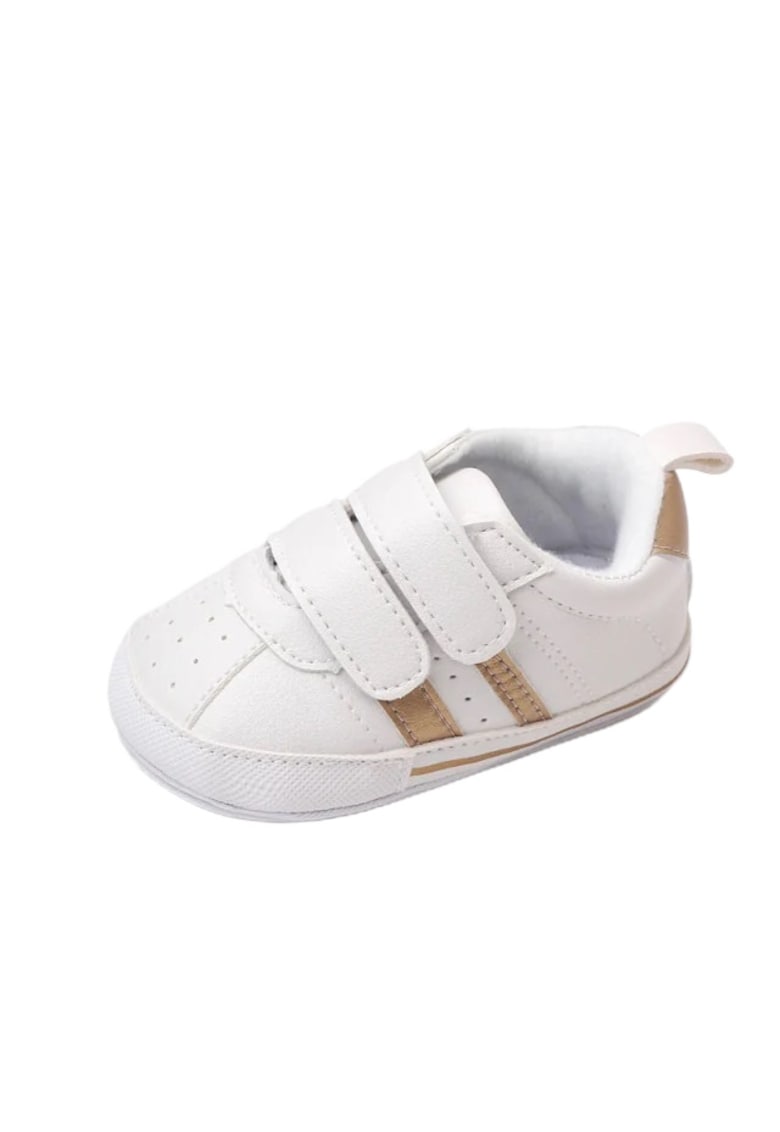 Pantofi Sport Cu Dungi Laterale - Piele ecologica - Fete - Velcro - Alb/Auriu