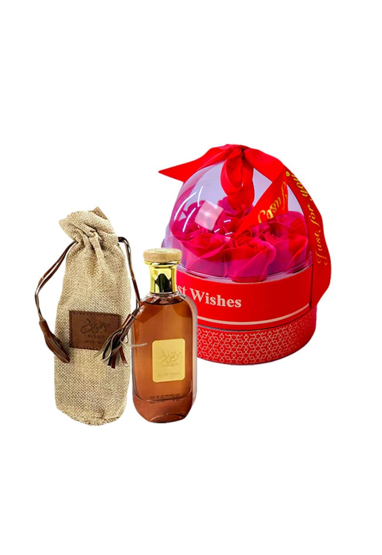 Set cadou Joy Together - Apa de parfum Mousuf 100 ml + cutie cu trandafiri de sapun in cupola si lantic cu pandativ