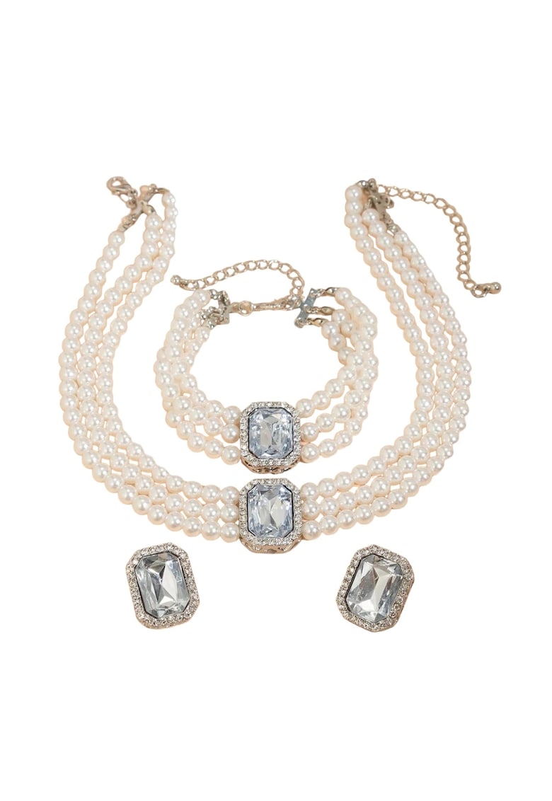 Set colier choker - cercei si bratara - argintiu - cu perle si pietre - Ruddy C4