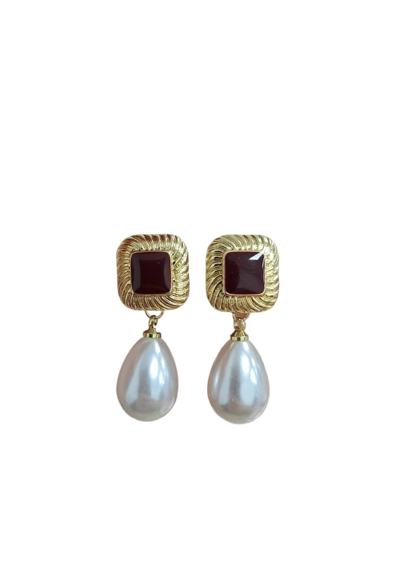 Cercei aurii - cu clips - insertii rosii si perle - Ralda C4