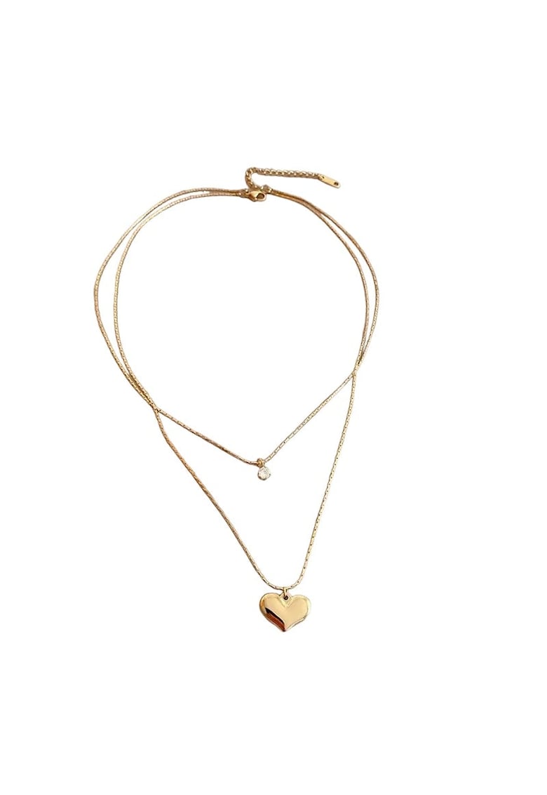 Colier auriu - in 2 straturi - din otel inoxidabil - cu inima si piatra zirconiu - suflat cu aur 18k - Rainer C5