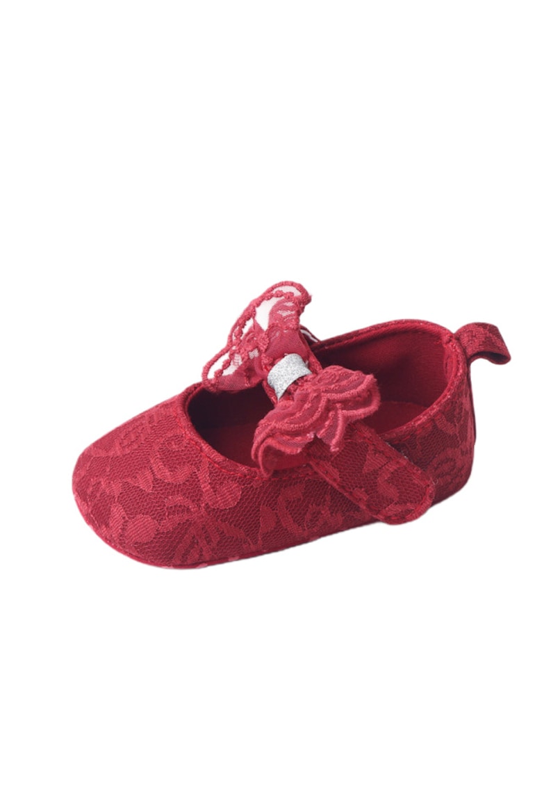 Pantofi Cu Broderie Si Fundita - Textil - Fete - Velcro - Visiniu