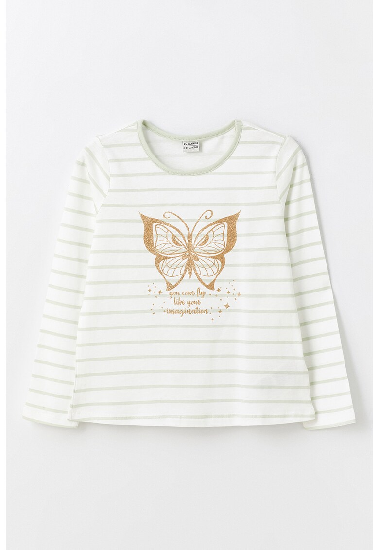 Bluza din bumbac cu model in dungi si imprimeu stralucitor
