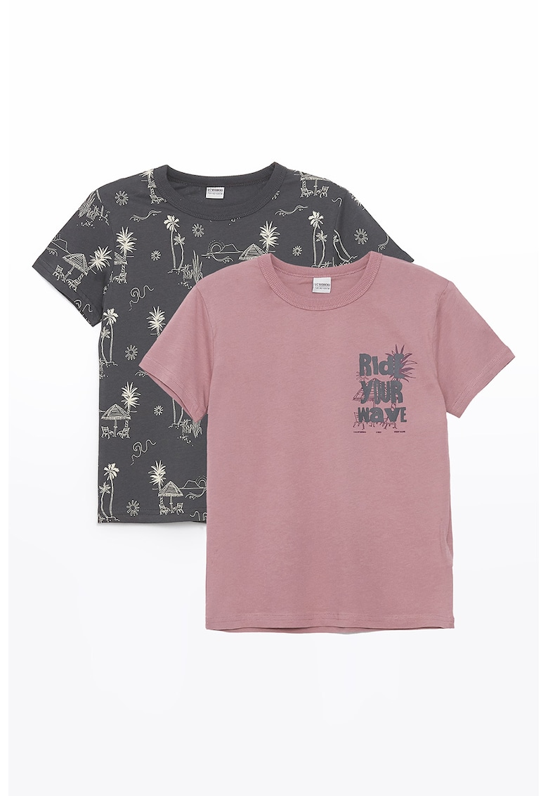 Set de tricouri din bumbac cu imprimeu - 2 piese - Negru/Roz prafuit
