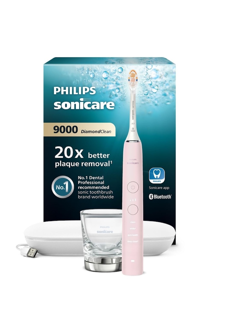 Periuta electrica sonica HX9911/21 Diamond Clean 9000 HX9911/21 - 4 moduri de periere - 3 intensitati - 1 toc de transport cu USB incarcare - 1 pahar - roz
