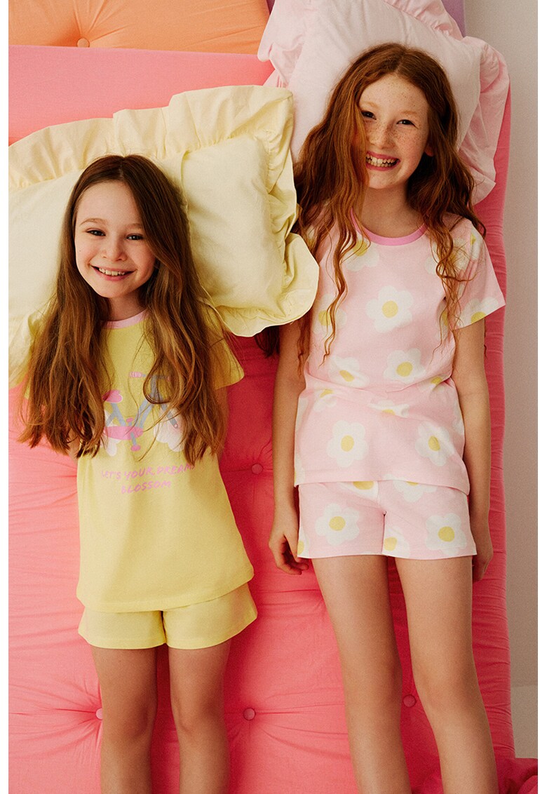 Памучно горнище на пижама с къси ръкави и долнище на пижама - 2 части