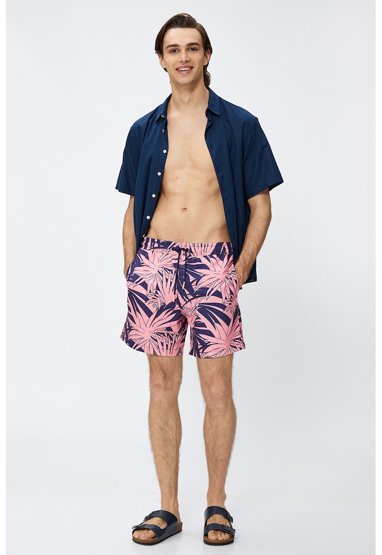 Pantaloni scurti de baie cu banda cu snur in talie si imprimeu tropical