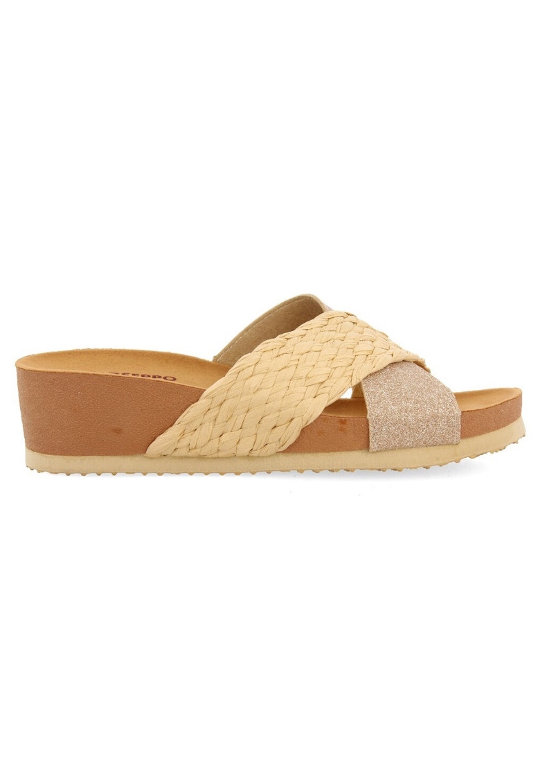 Papuci wedge de piele ecologica - Bej