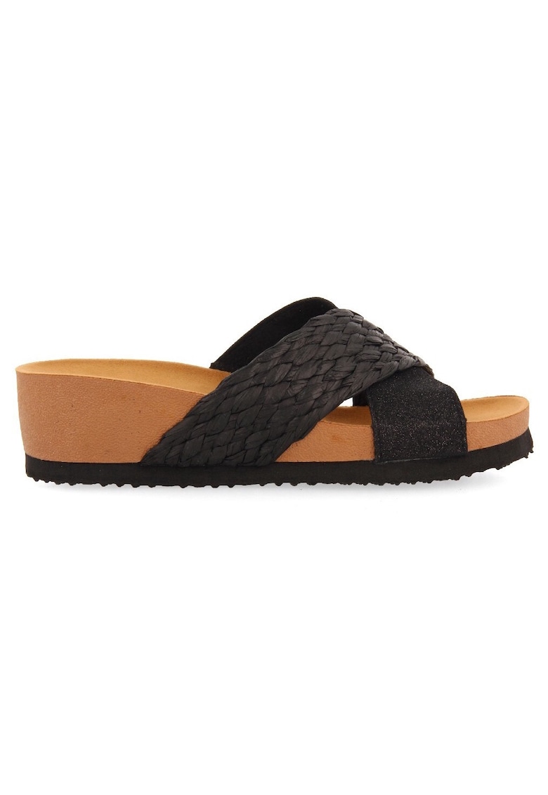 Papuci wedge de piele ecologica - Negru
