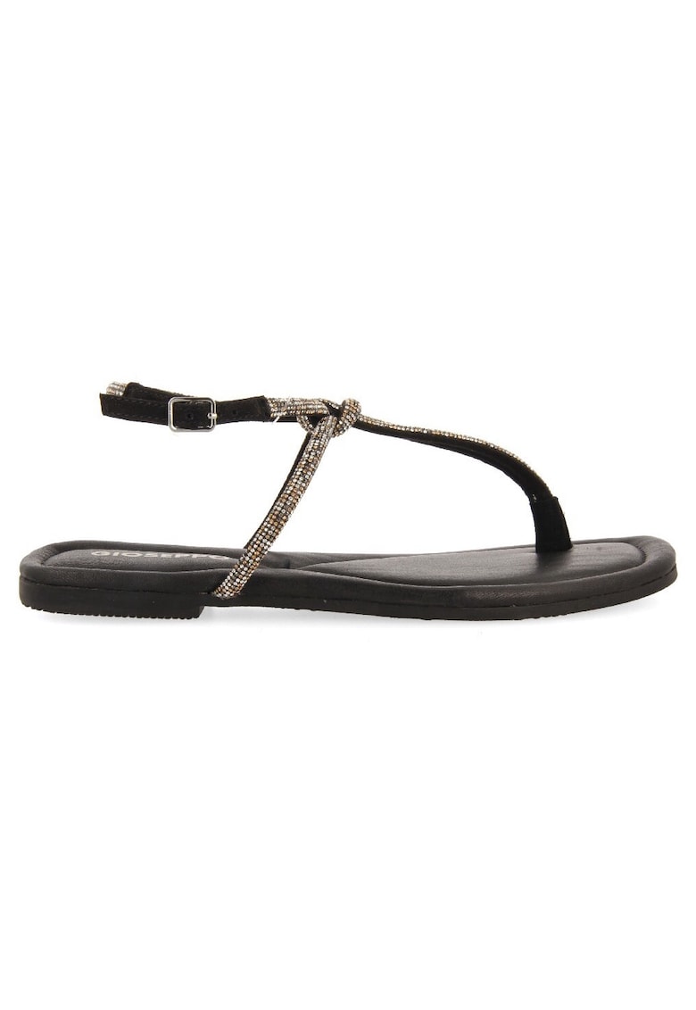 Sandale de piele intoarsa cu bareta separatoare si strasuri Burnt - Negru