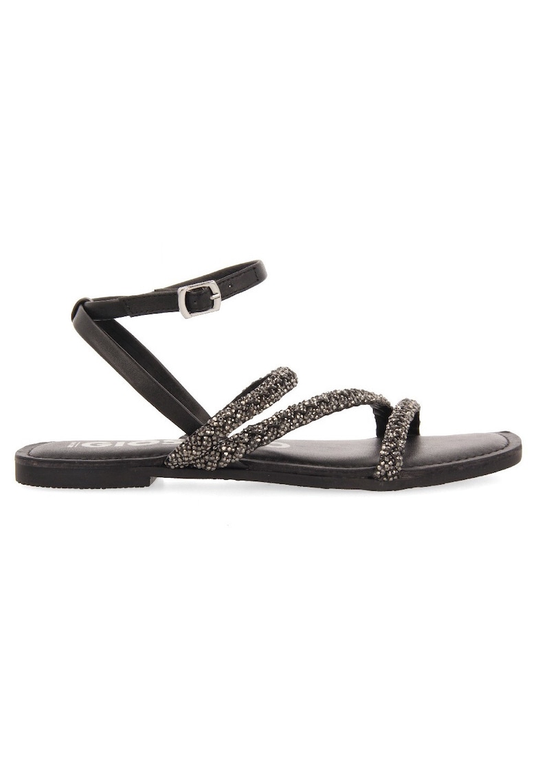 Sandale de piele cu strasuri - Negru
