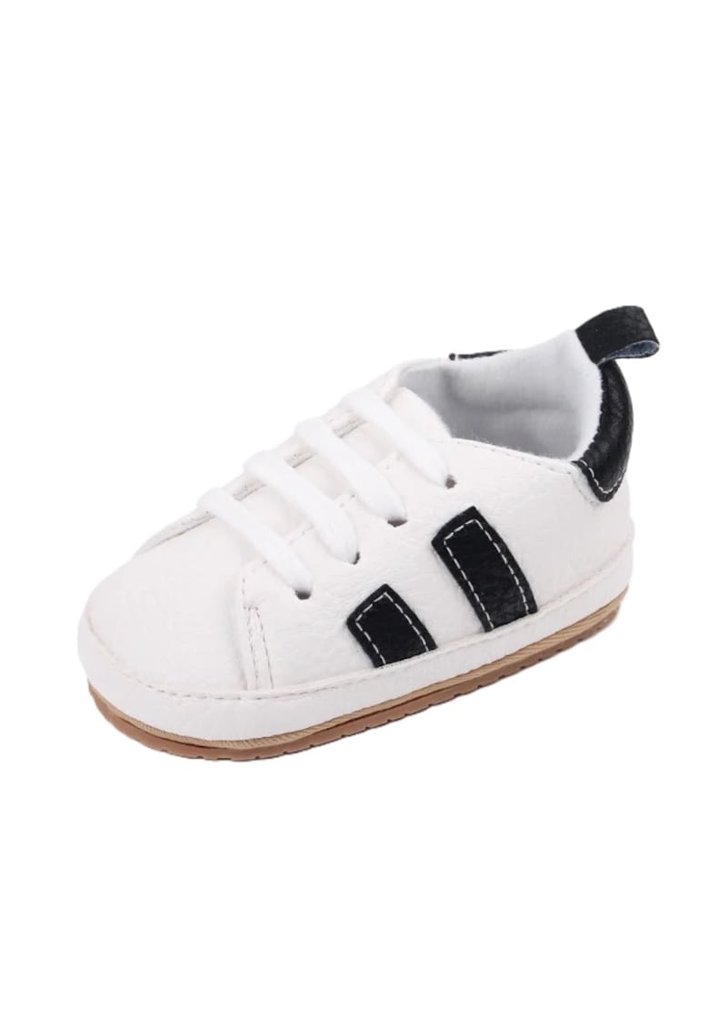 Pantofi Sport Cu Dungi Laterale - Piele ecologica - Baieti - Siret - Alb - Negru