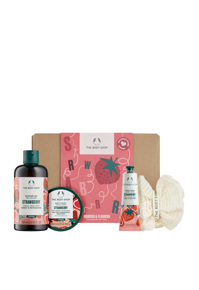 Set Nourish & Flourish Strawberry - Gel de dus Strawberry 250ml+Iaurt de corp Strawberry 200ml+Crema de maini Strawberry 30ml+Mini burete de baie -