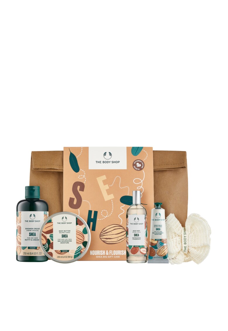 Set Nourish & Flourish Shea - Crema de dus Shea 250ml+Unt de corp Shea 200ml+Spray pentru corp Shea 100ml+Balsam de maini Shea 30ml+Burete mare de baie -