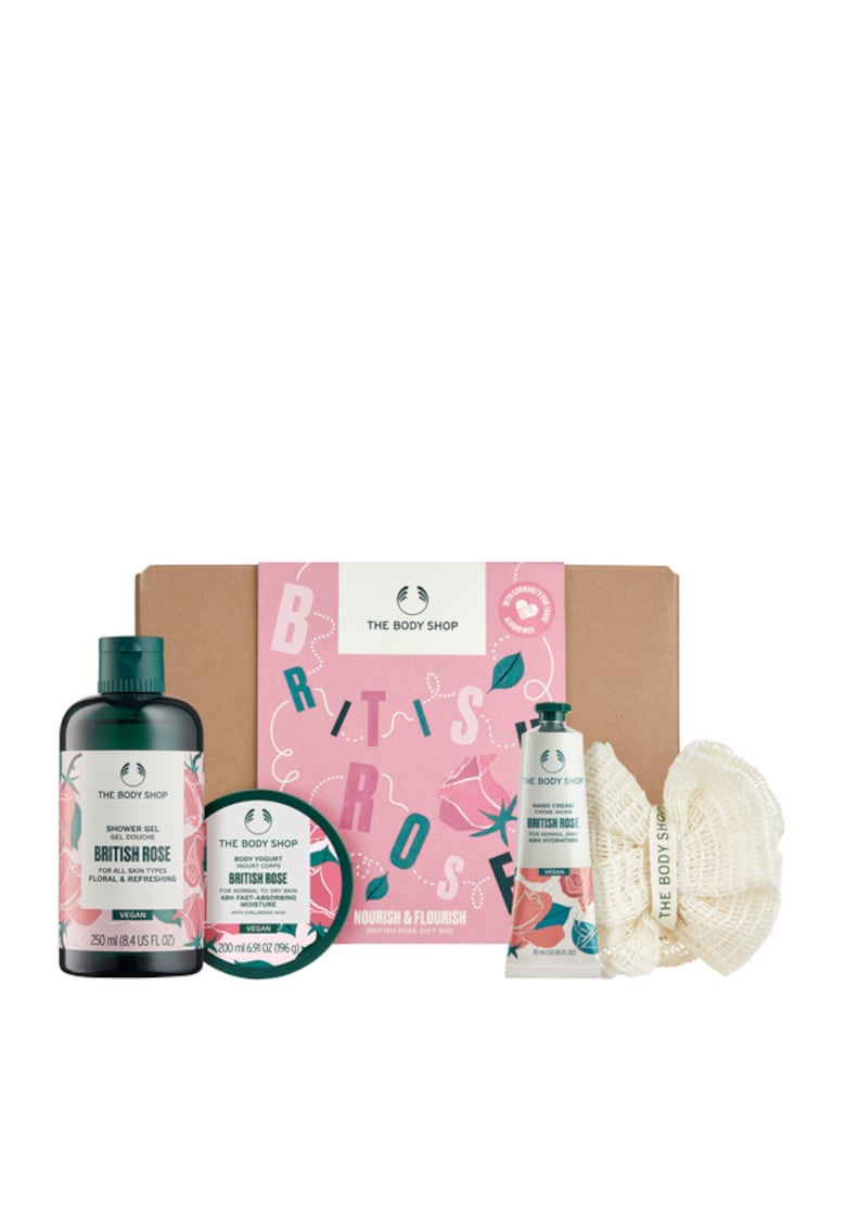 Set Nourish & Flourish British Rose Gift Box - Gel de dus British Rose 250ml +Iaurt de corp British Rose 200ml+Crema de maini British Rose 30ml+Mini burete de baie -