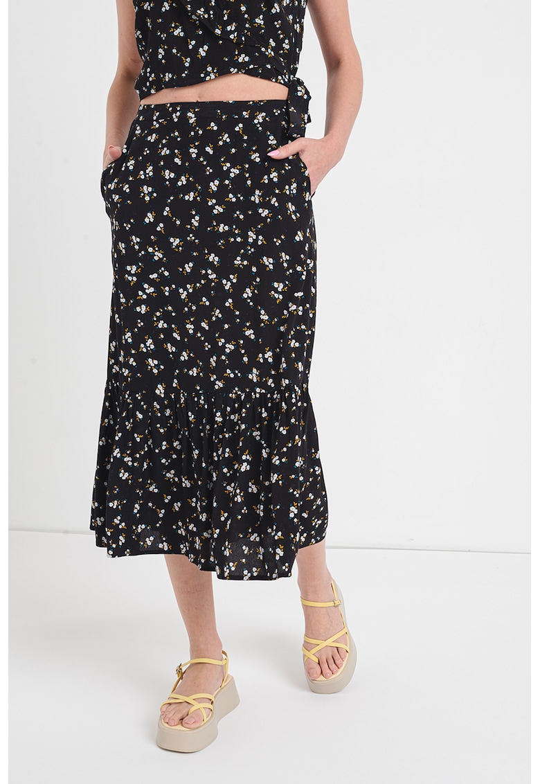 Fusta midi cu model floral si buzunare laterale