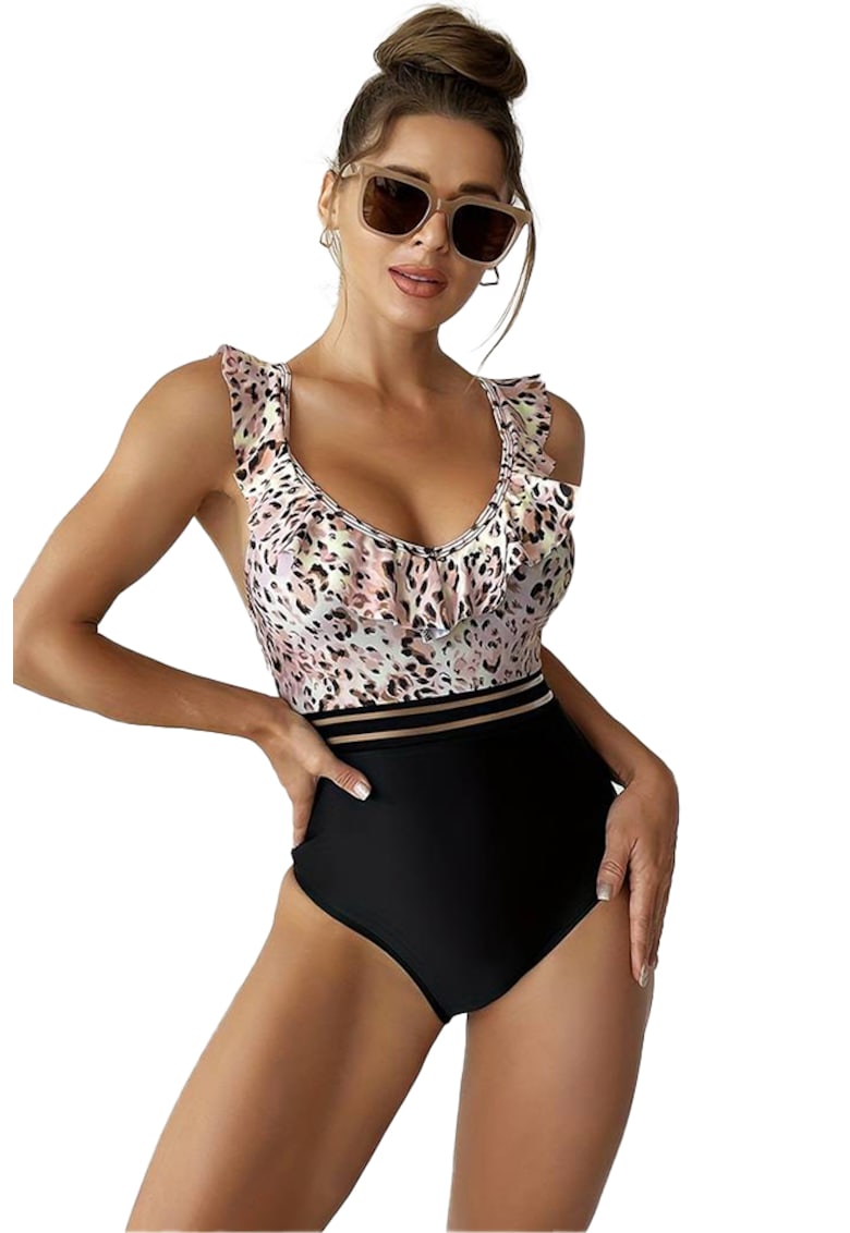 Costum de baie dama - o piesa - model cozy cu volanas la decolteu - imprimeu animal print - tematica wild summer - EFAYN