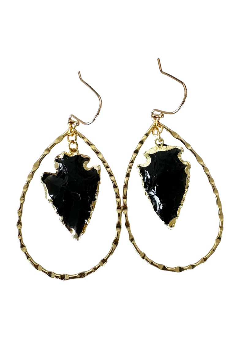 Cercei Sari cu cristale de Obsidian - in forma de sageata - 50mm
