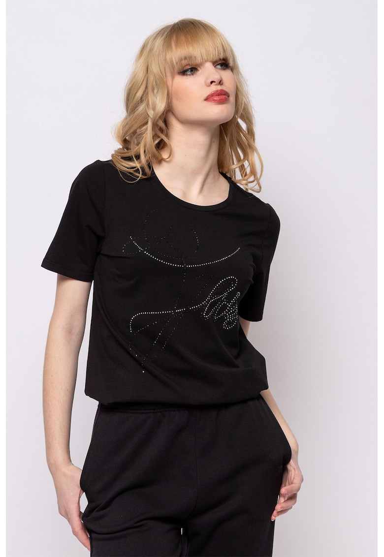 Tricou cu decolteu rotund si aplicatii de strasuri Mesi - Negru/Argintiu