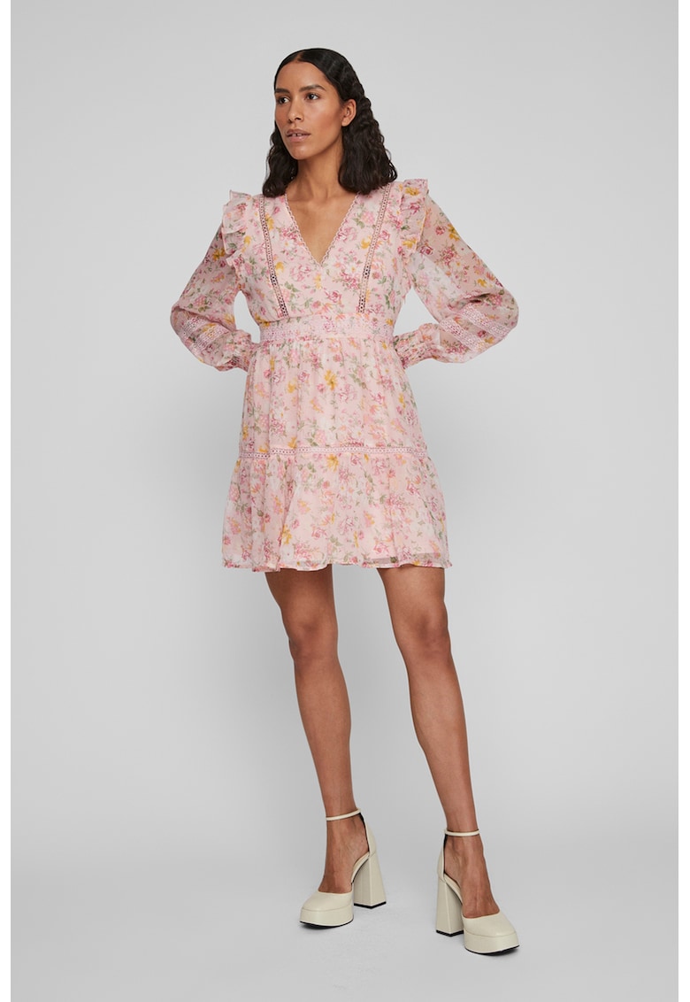 Rochie scurta cu model floral - decolteu in V - volane si maneci semi-transparente