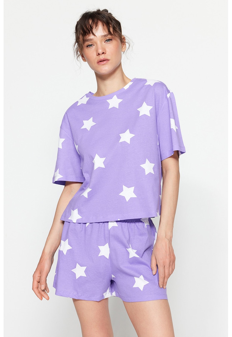 Pijama cu pantaloni scurti si imprimeu cu stele