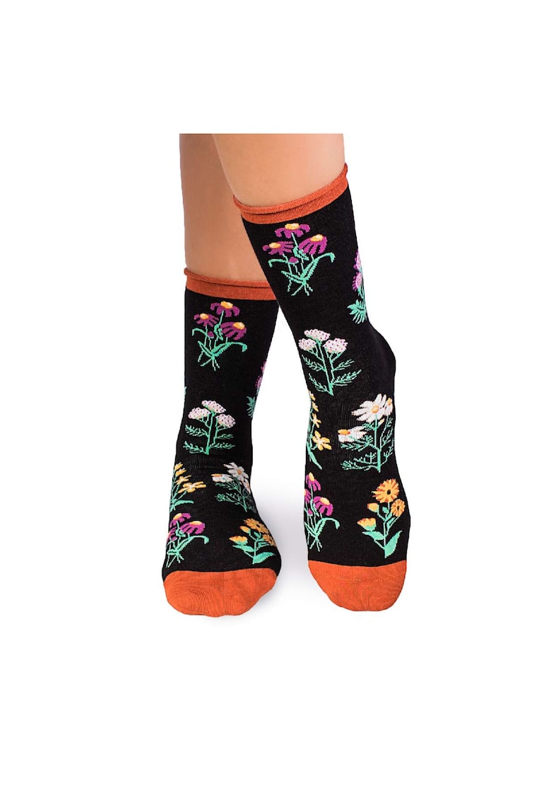 Sosete Fine din Bumbac organic cu model floral Negru Sosete Fine din Bumbac organic cu model floral Negru