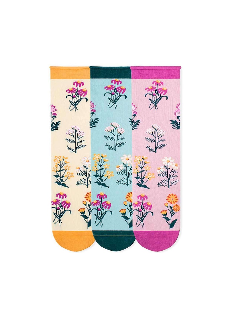Cutie cu 3 perechi de sosete Fine din Bumbac organic cu model floral culori deschise