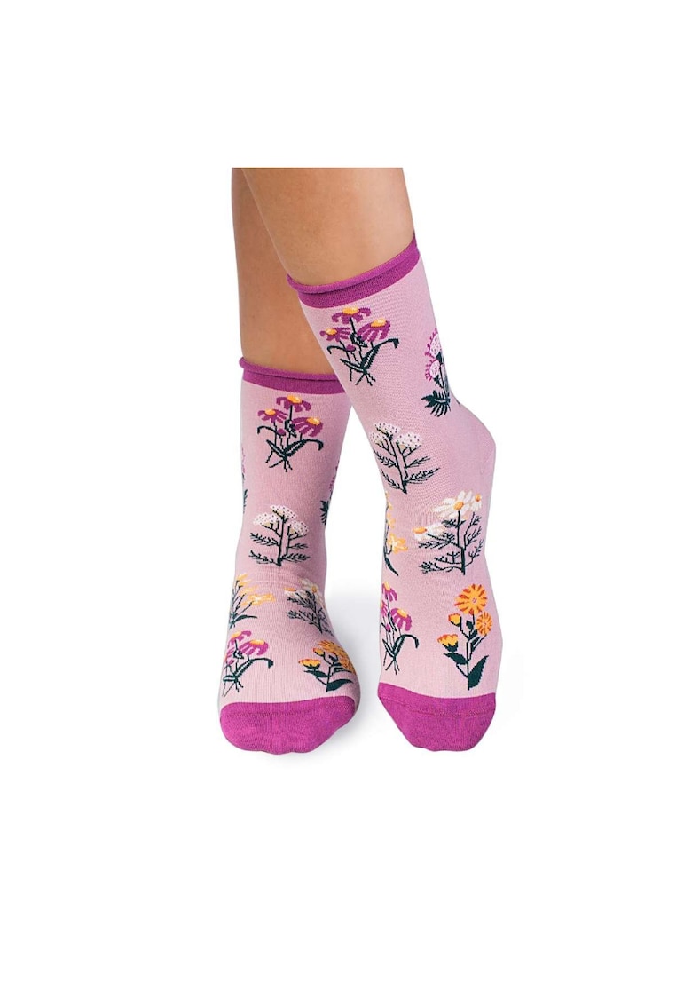 Sosete Fine din Bumbac organic cu model floral Roz Sosete Fine din Bumbac organic cu model floral Roz