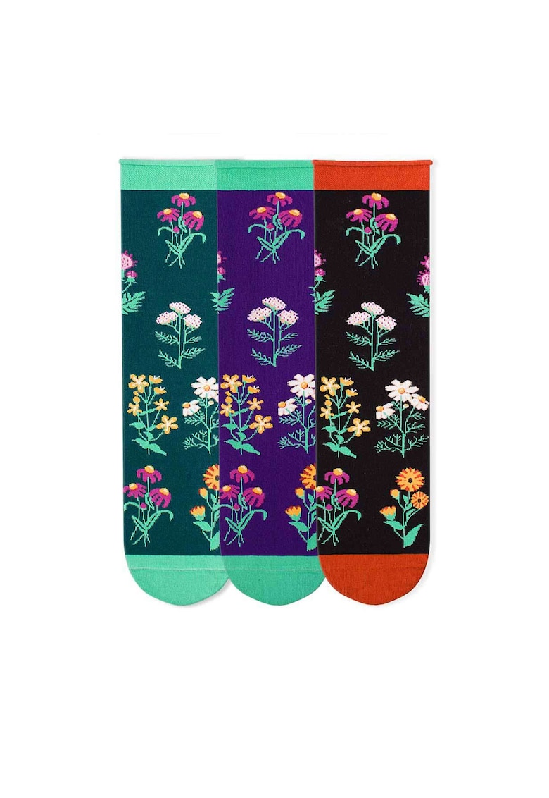 Cutie cu 3 perechi de sosete Fine din Bumbac organic cu model floral culori inchise