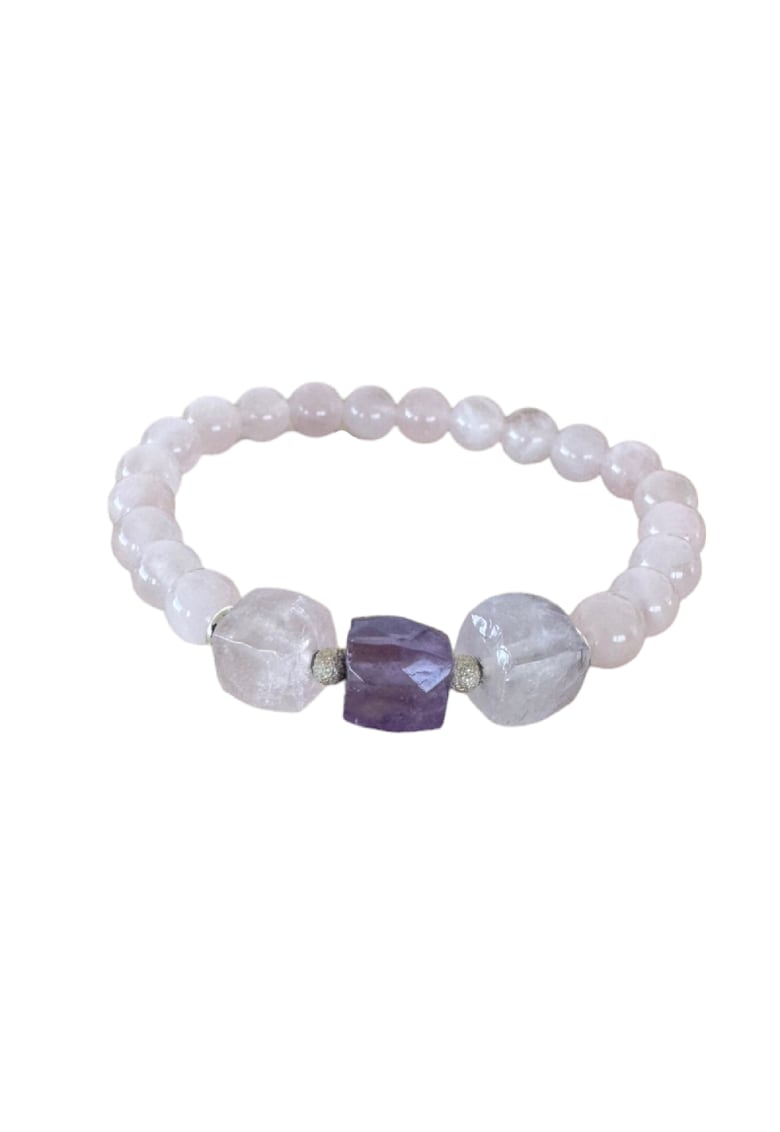 Bratara femei din cristale de Cuart Roz de madagascar si Ametist cu accesorii din argint 925 - 17-18 cm