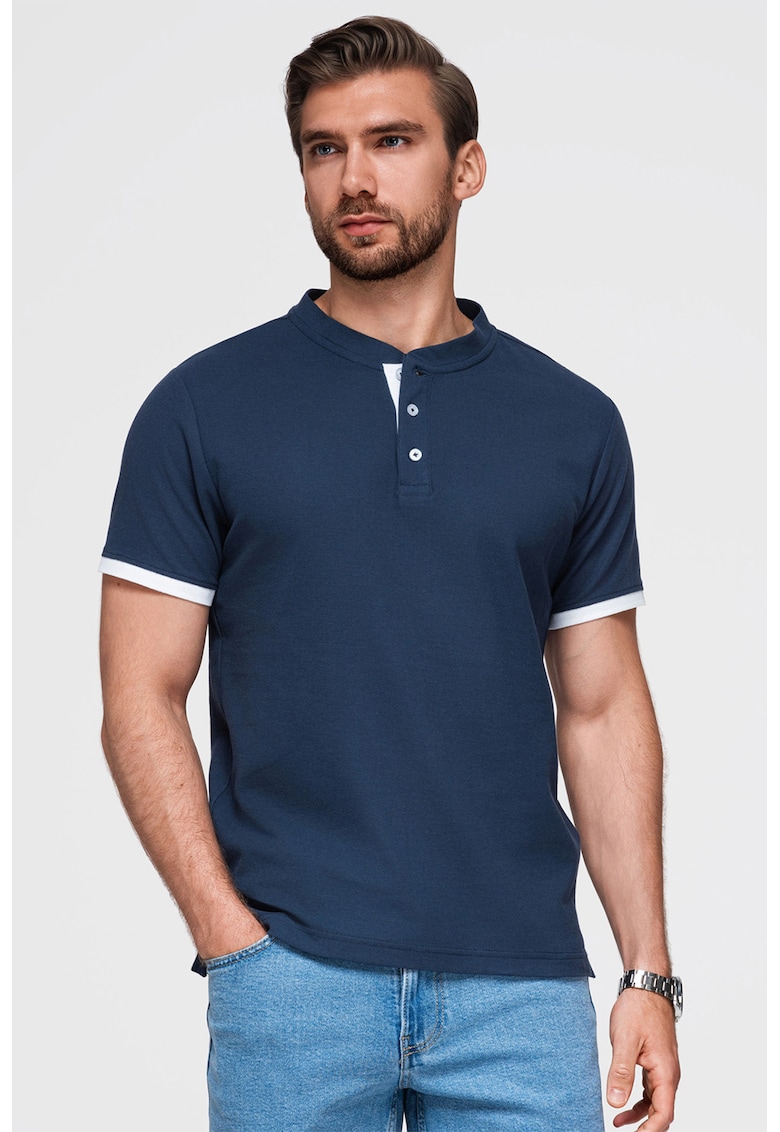 Tricou de bumbac cu fenta cu nasturi - Bleumarin