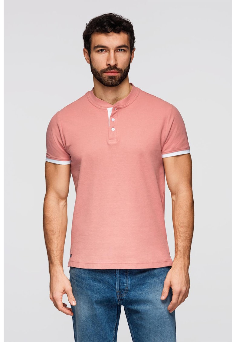 Ombre Tricou de bumbac cu fenta cu nasturi - Roz somon